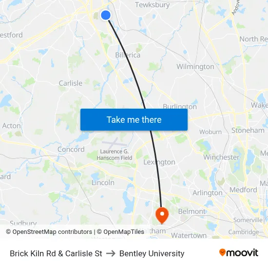 Brick Kiln Rd & Carlisle St to Bentley University map
