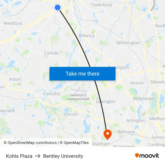 Kohls Plaza to Bentley University map
