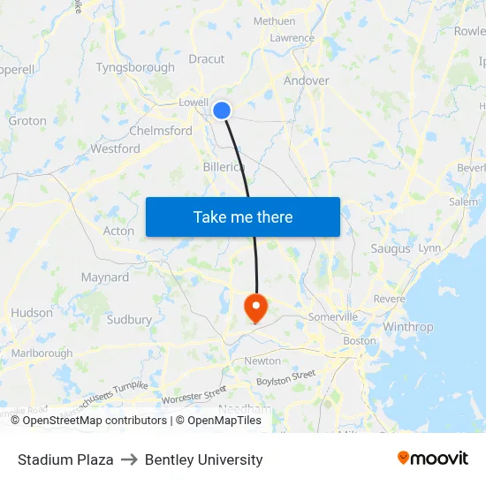 Stadium Plaza to Bentley University map