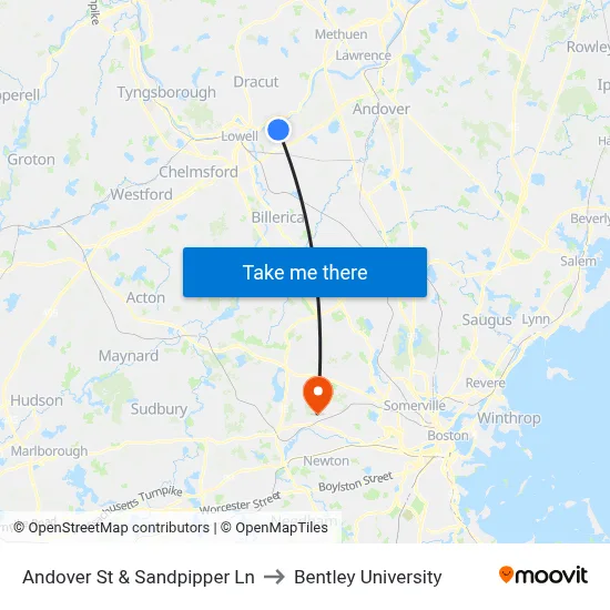 Andover St & Sandpipper Ln to Bentley University map