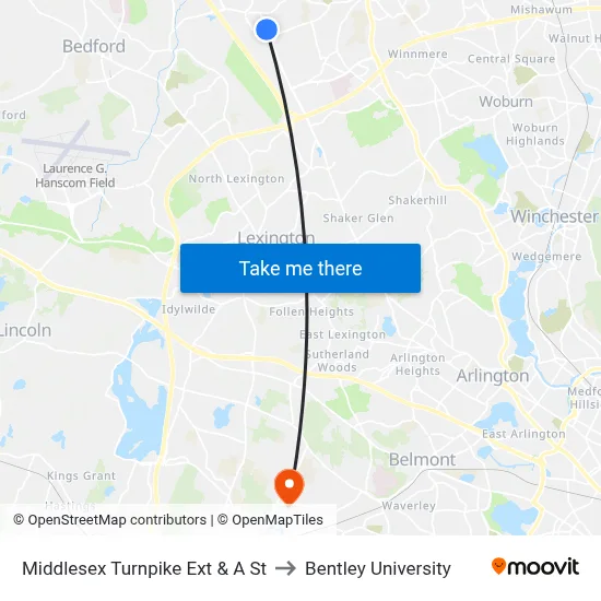 Middlesex Turnpike Ext & A St to Bentley University map