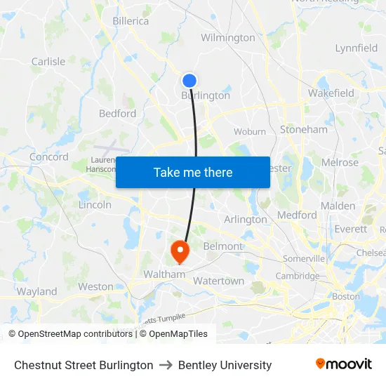 Chestnut Street Burlington to Bentley University map