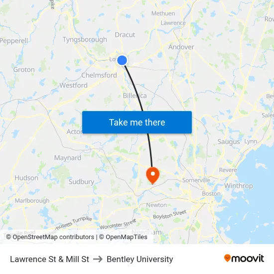 Lawrence St & Mill St to Bentley University map