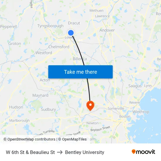 W 6th St & Beaulieu St to Bentley University map