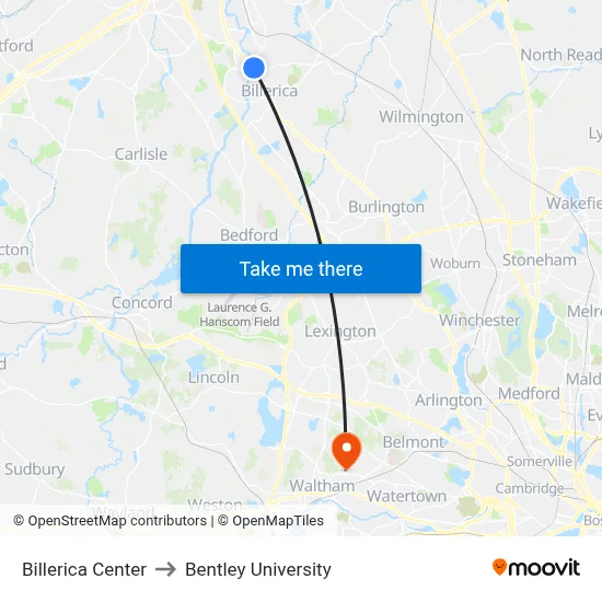 Billerica Center to Bentley University map