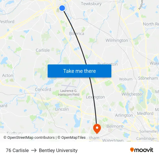76 Carlisle to Bentley University map