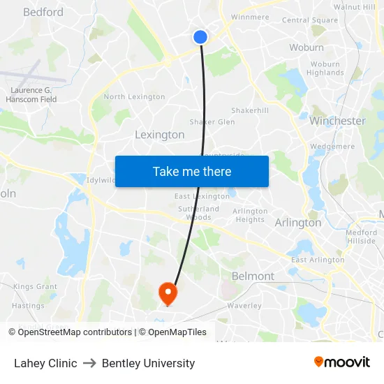 Lahey Clinic to Bentley University map