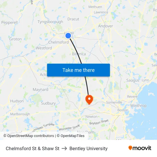 Chelmsford St & Shaw St to Bentley University map