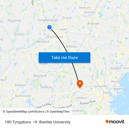 180 Tyngsboro to Bentley University map