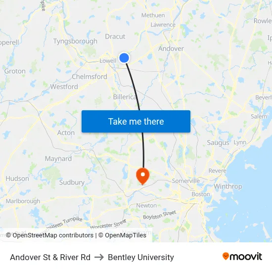 Andover St & River Rd to Bentley University map