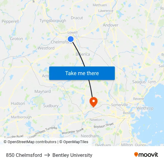 850 Chelmsford to Bentley University map