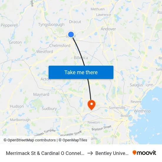 Merrimack St & Cardinal O Connell Pkwy to Bentley University map
