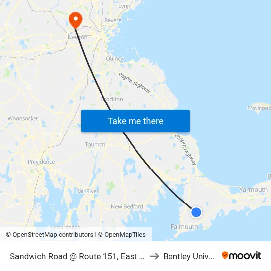 Sandwich Road @ Route 151, East Falmouth to Bentley University map