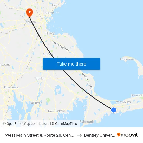 West Main Street & Route 28, Centerville to Bentley University map