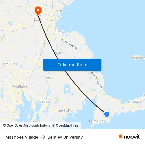 Mashpee Village to Bentley University map