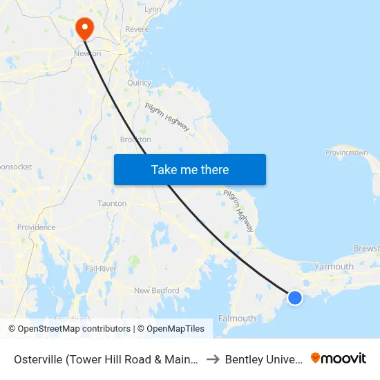 Osterville (Tower Hill Road & Main Street) to Bentley University map