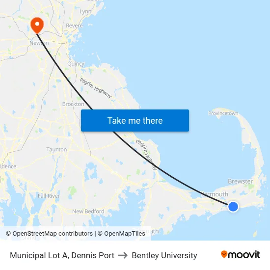 Municipal Lot A, Dennis Port to Bentley University map