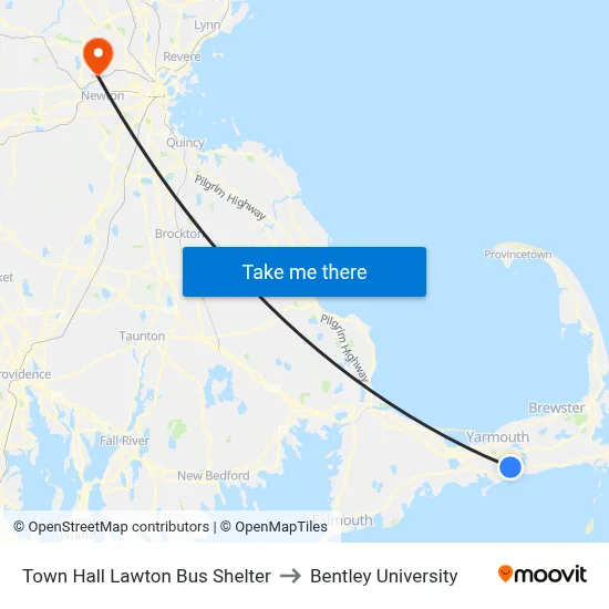 Town Hall Lawton Bus Shelter to Bentley University map