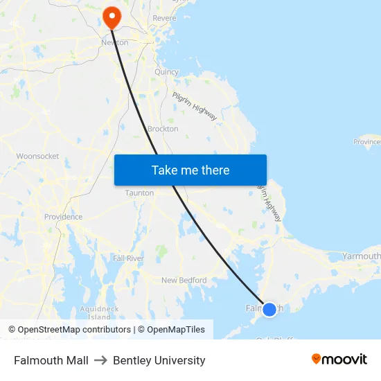 Falmouth Mall to Bentley University map
