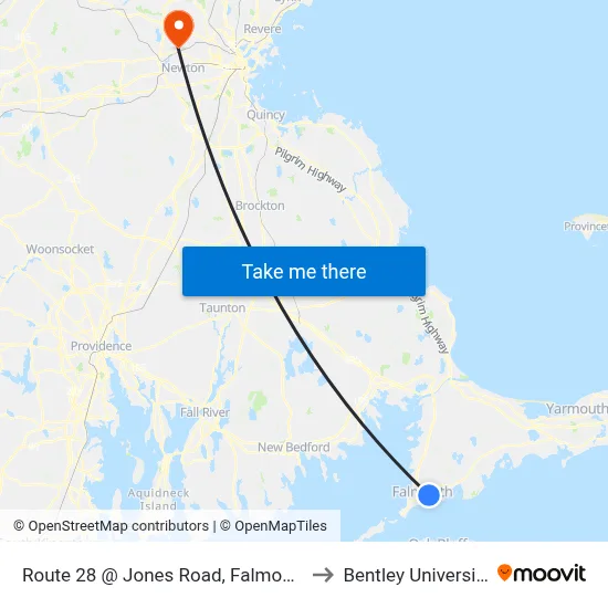 Route 28 @ Jones Road, Falmouth to Bentley University map