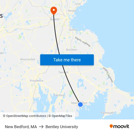 New Bedford, MA to Bentley University map