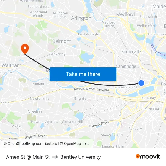 Ames St @ Main St to Bentley University map