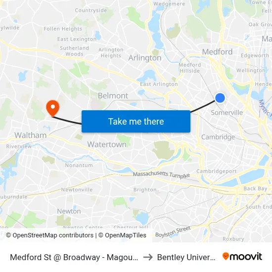 Medford St @ Broadway - Magoun Sq to Bentley University map