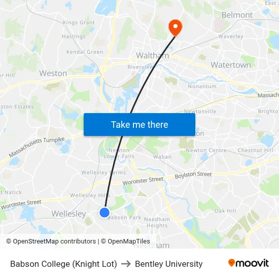 Babson College (Knight Lot) to Bentley University map