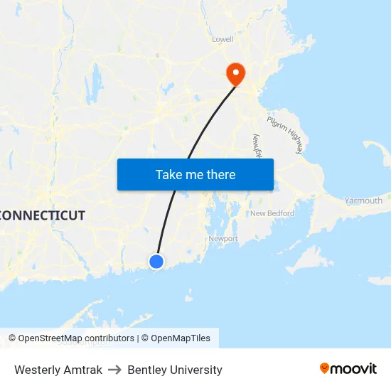 Westerly Amtrak to Bentley University map