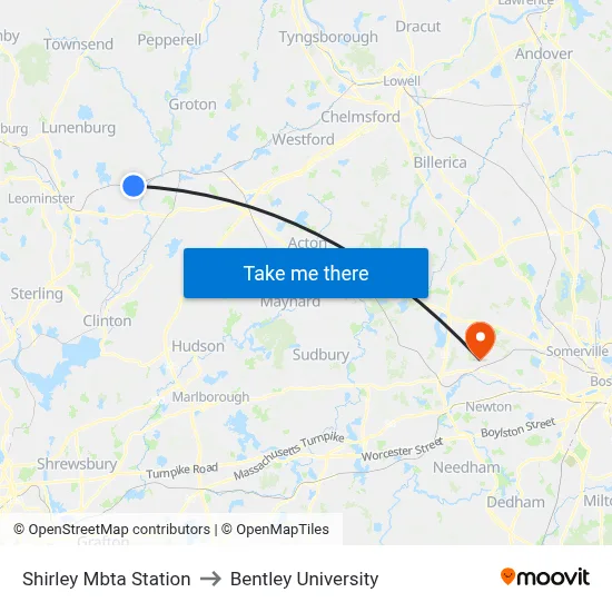 Shirley Mbta Station to Bentley University map