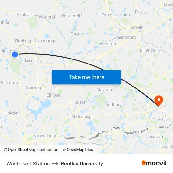 Wachusett Station to Bentley University map