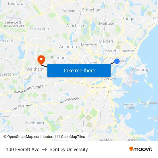 100 Everett Ave to Bentley University map