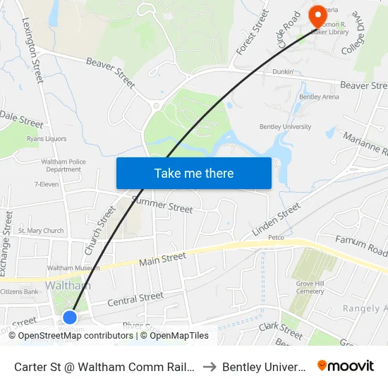 Carter St @ Waltham Comm Rail Sta to Bentley University map