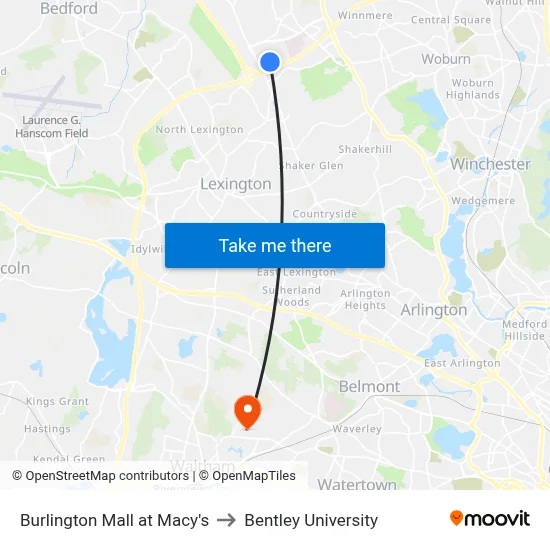 Burlington Mall at Macy's to Bentley University map
