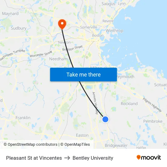 Pleasant St at Vincentes to Bentley University map