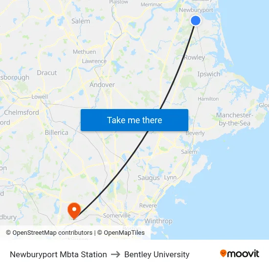 Newburyport Mbta Station to Bentley University map