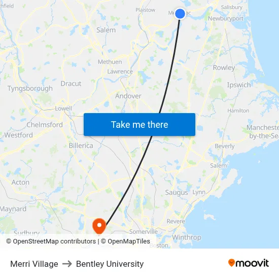Merri Village to Bentley University map