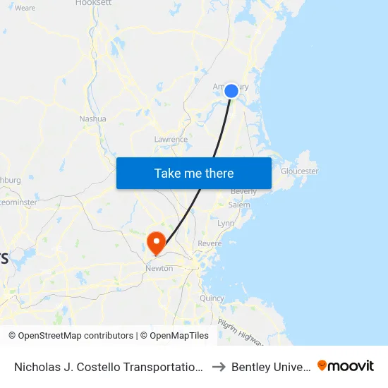 Nicholas J. Costello Transportation Center to Bentley University map