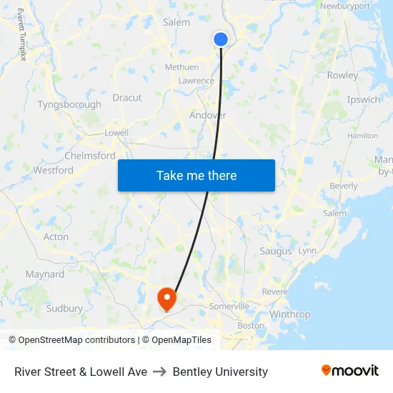 River Street & Lowell Ave to Bentley University map