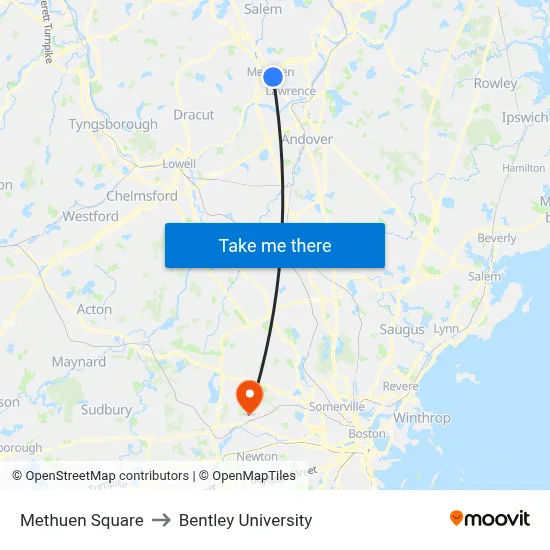 Methuen Square to Bentley University map