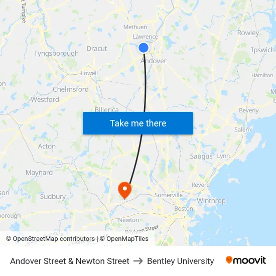 Andover Street & Newton Street to Bentley University map