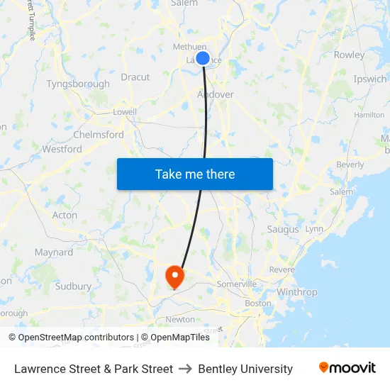 Lawrence Street & Park Street to Bentley University map