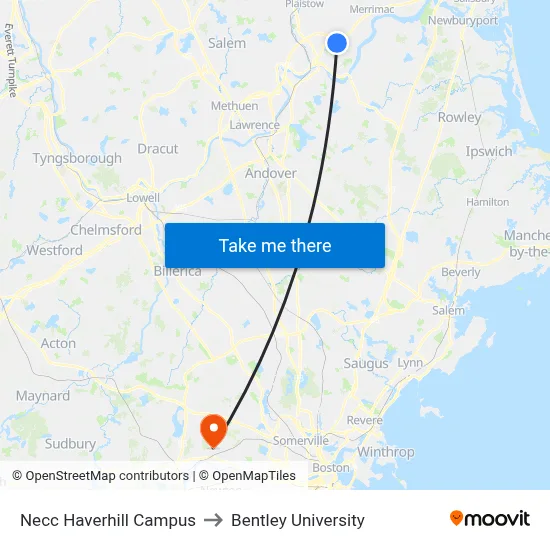 Necc Haverhill Campus to Bentley University map