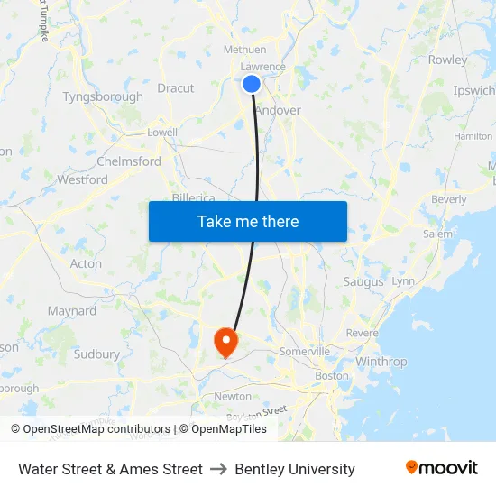 Water Street & Ames Street to Bentley University map