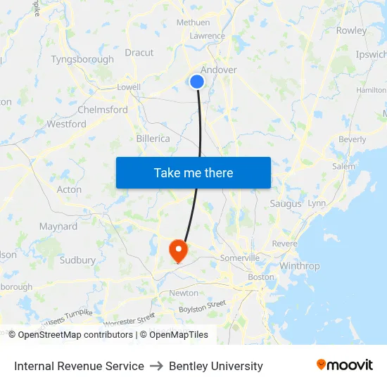 Internal Revenue Service to Bentley University map