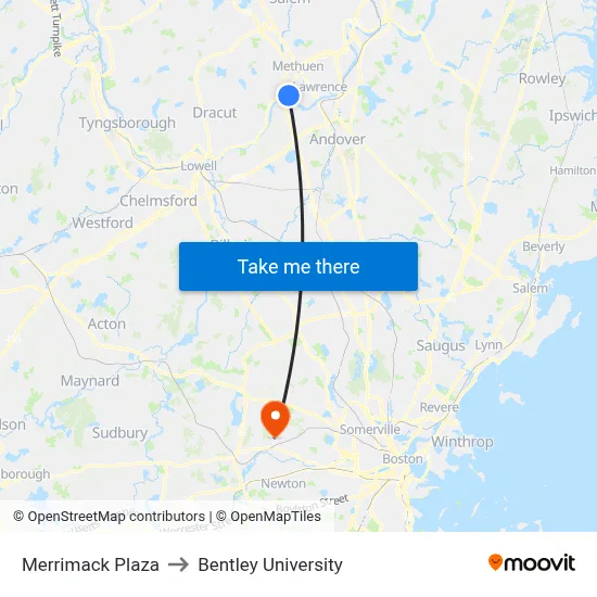 Merrimack Plaza to Bentley University map