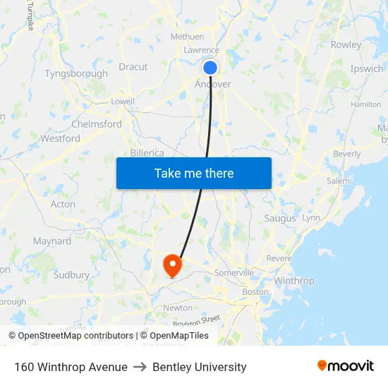 160 Winthrop Avenue to Bentley University map