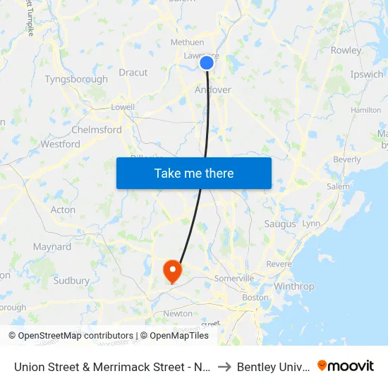 Union Street & Merrimack Street - New Balance to Bentley University map