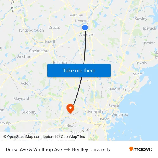 Durso Ave & Winthrop Ave to Bentley University map