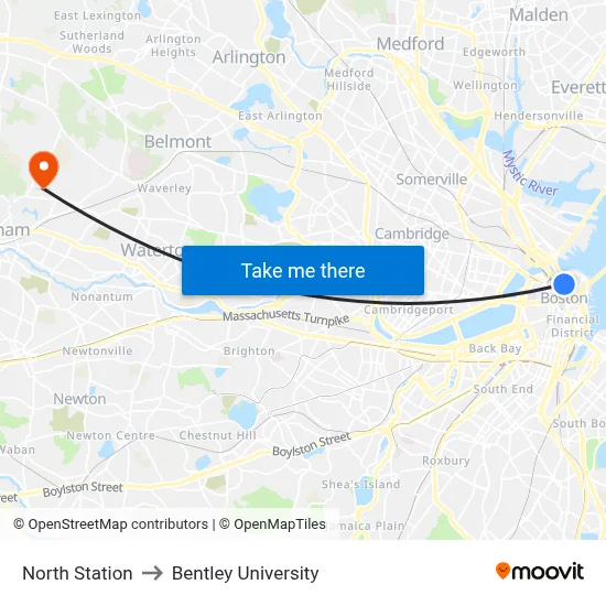 North Station to Bentley University map